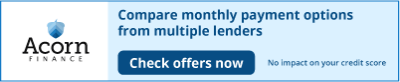 Acorn Finance banner offering monthly payment options from multiple lenders with a check offers now button